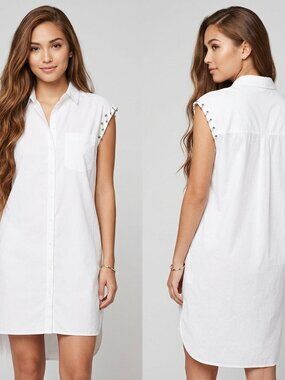 MNG Mango White Cotton Sleeveless Shirt Dress Metal Eyelet Detail Size S Small